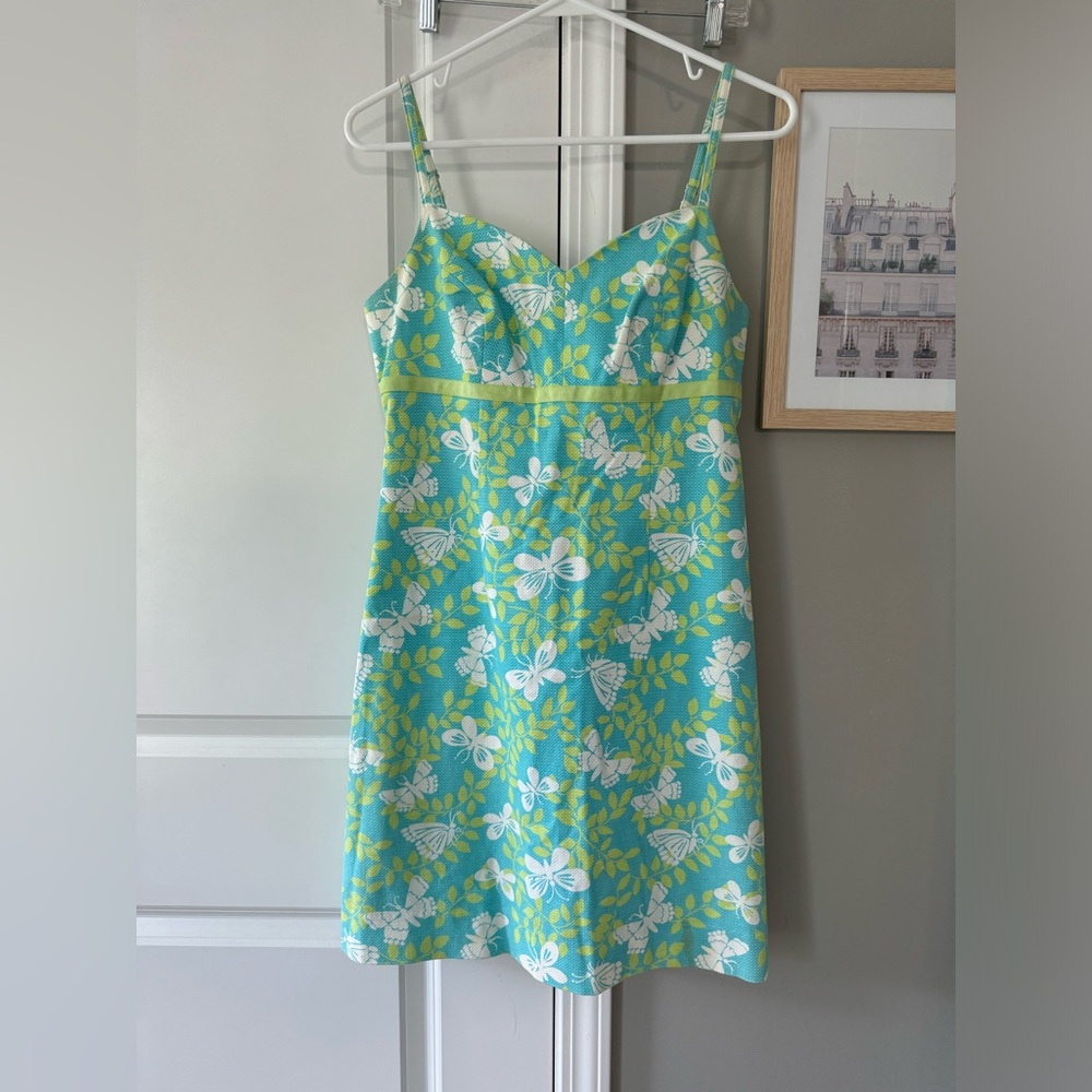 Lilly Pulitzer Vintage Air Show Butterfly Blue Lined Sheath Dress Size 6